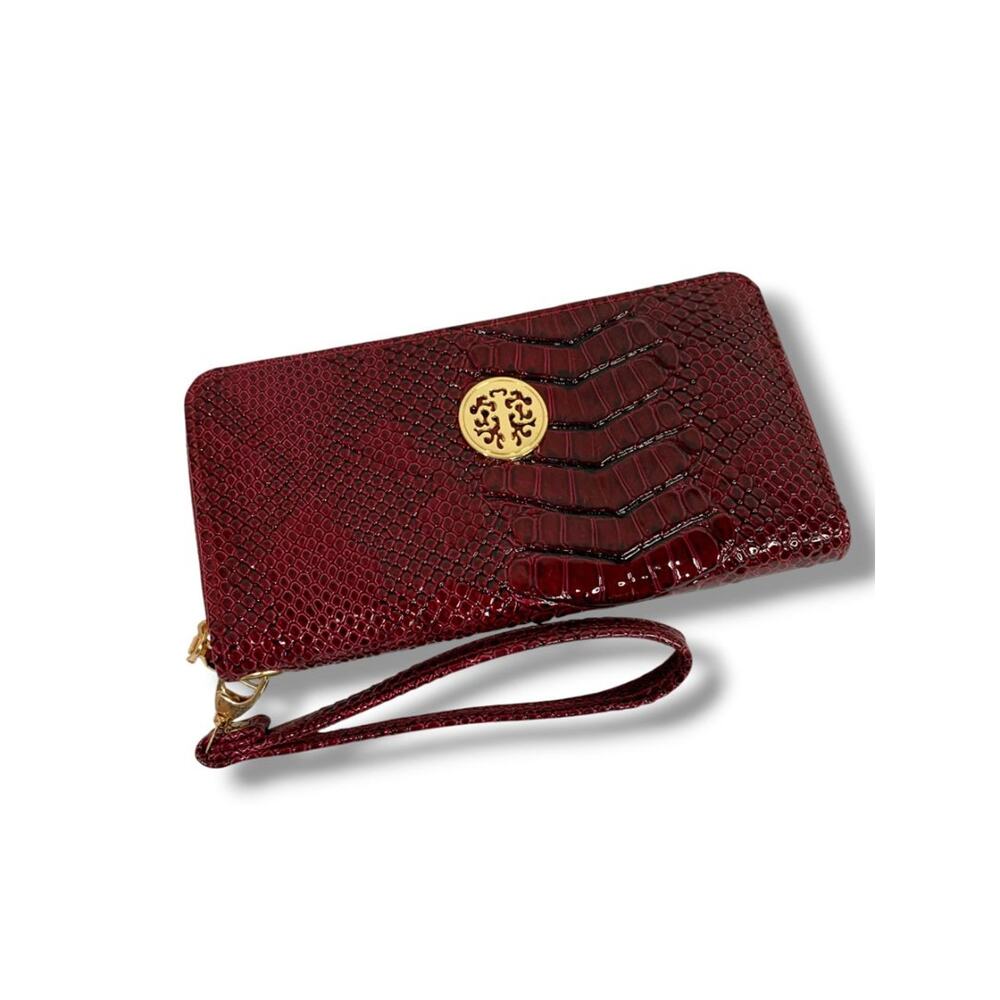 Sasha Red Zip Around Wristlet Wallet Embossed Croc Print‎ Patent Faux Leather